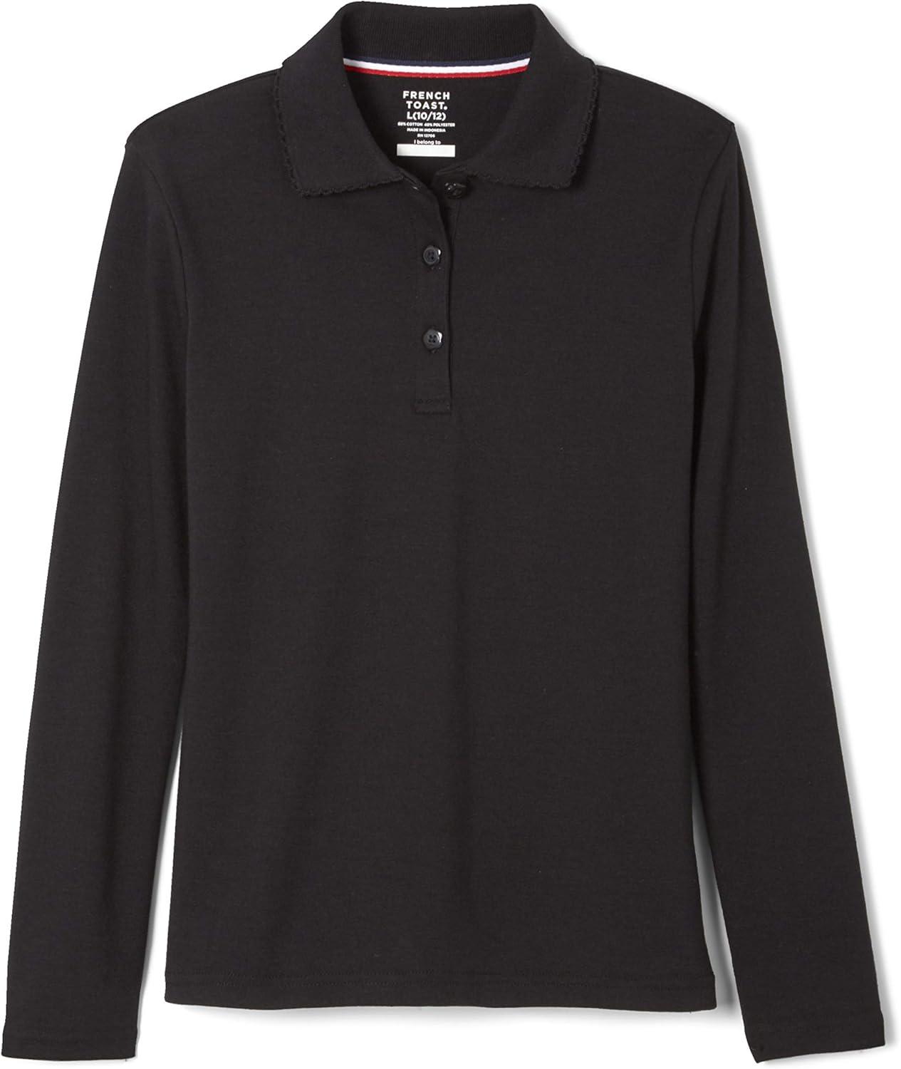 imageFrench Toast Girls Long Sleeve Interlock Polo with Picot Collar Standard ampamp PlusBlackBlack