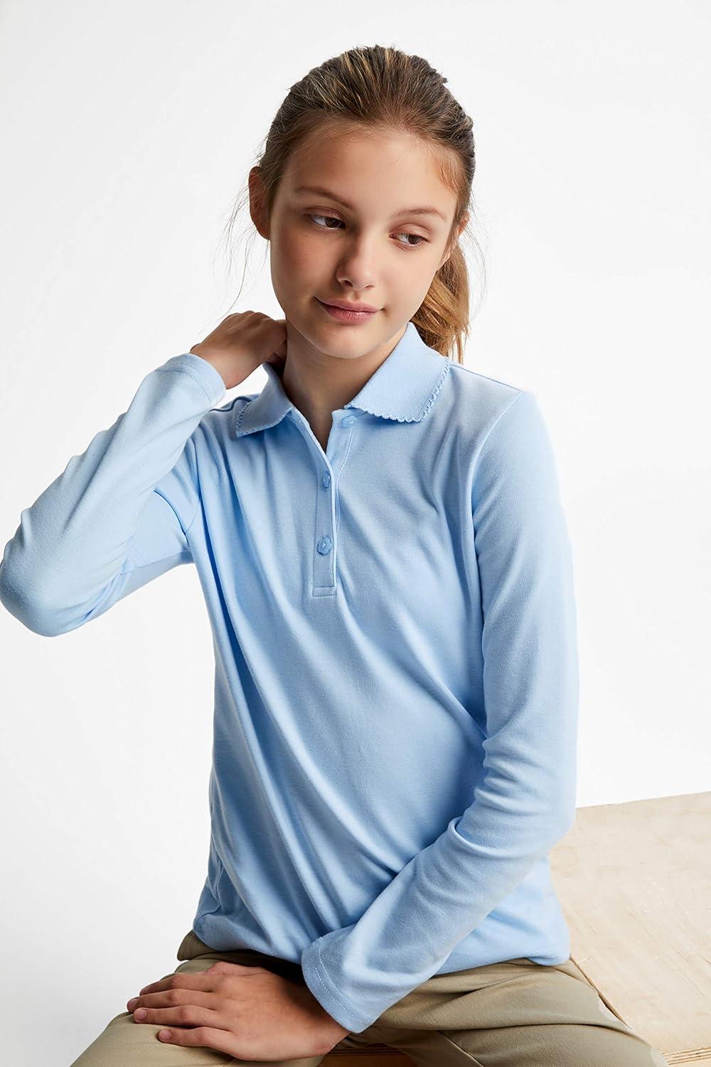 imageFrench Toast Girls Long Sleeve Interlock Polo with Picot Collar Standard ampamp PlusLight Blue