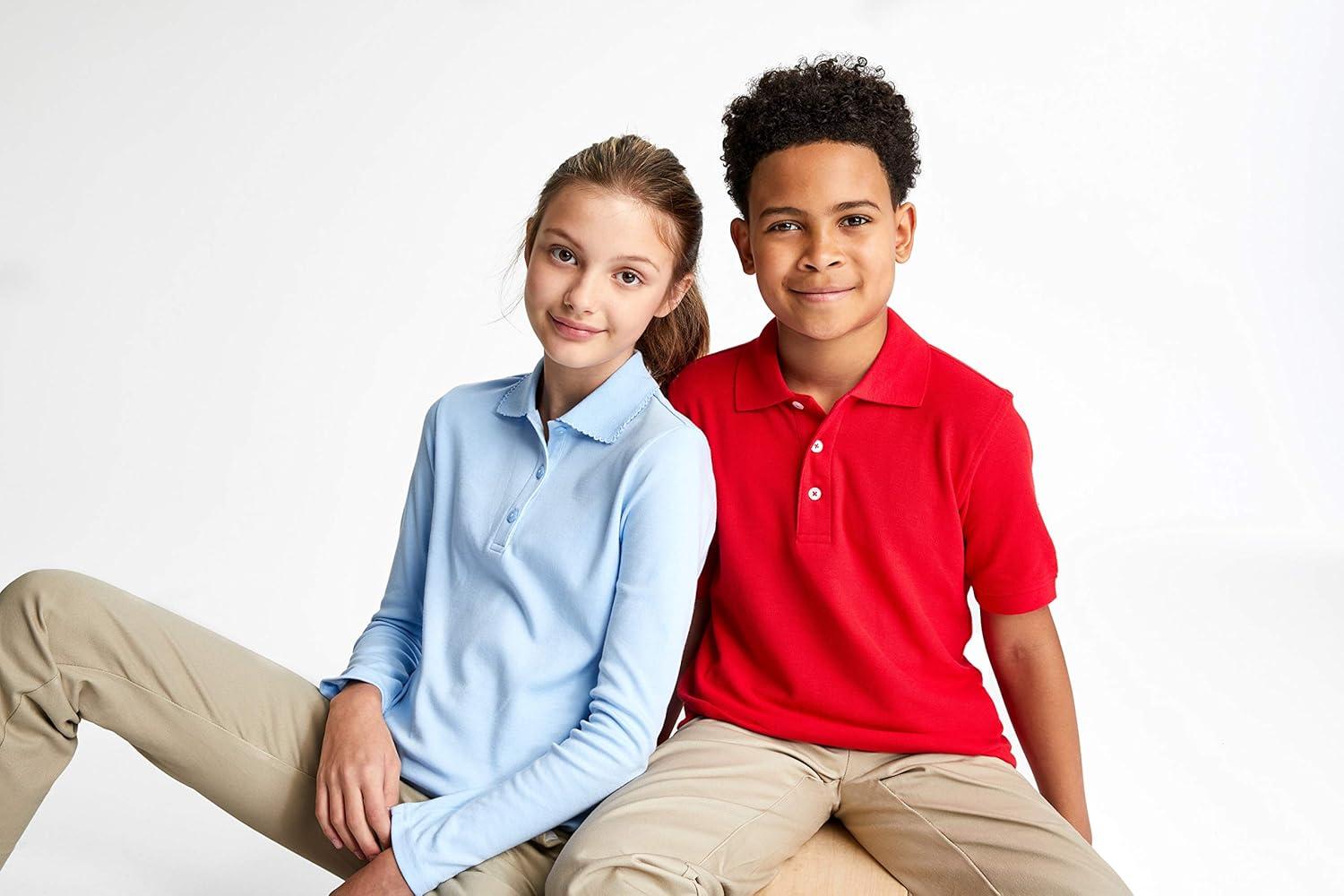 imageFrench Toast Girls Long Sleeve Interlock Polo with Picot Collar Standard ampamp PlusLight Blue