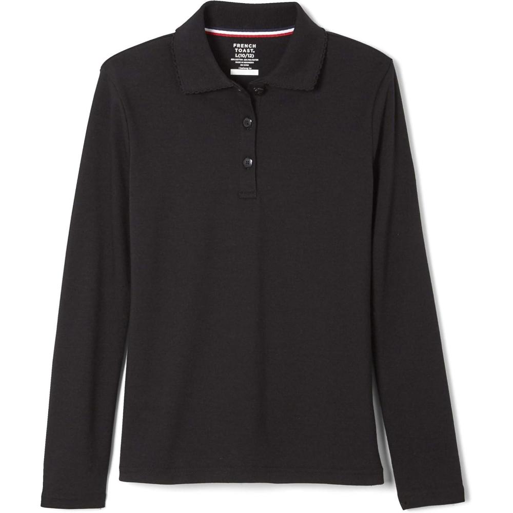 imageFrench Toast Girls Long Sleeve Interlock Polo with Picot Collar Standard ampamp PlusBlackBlack