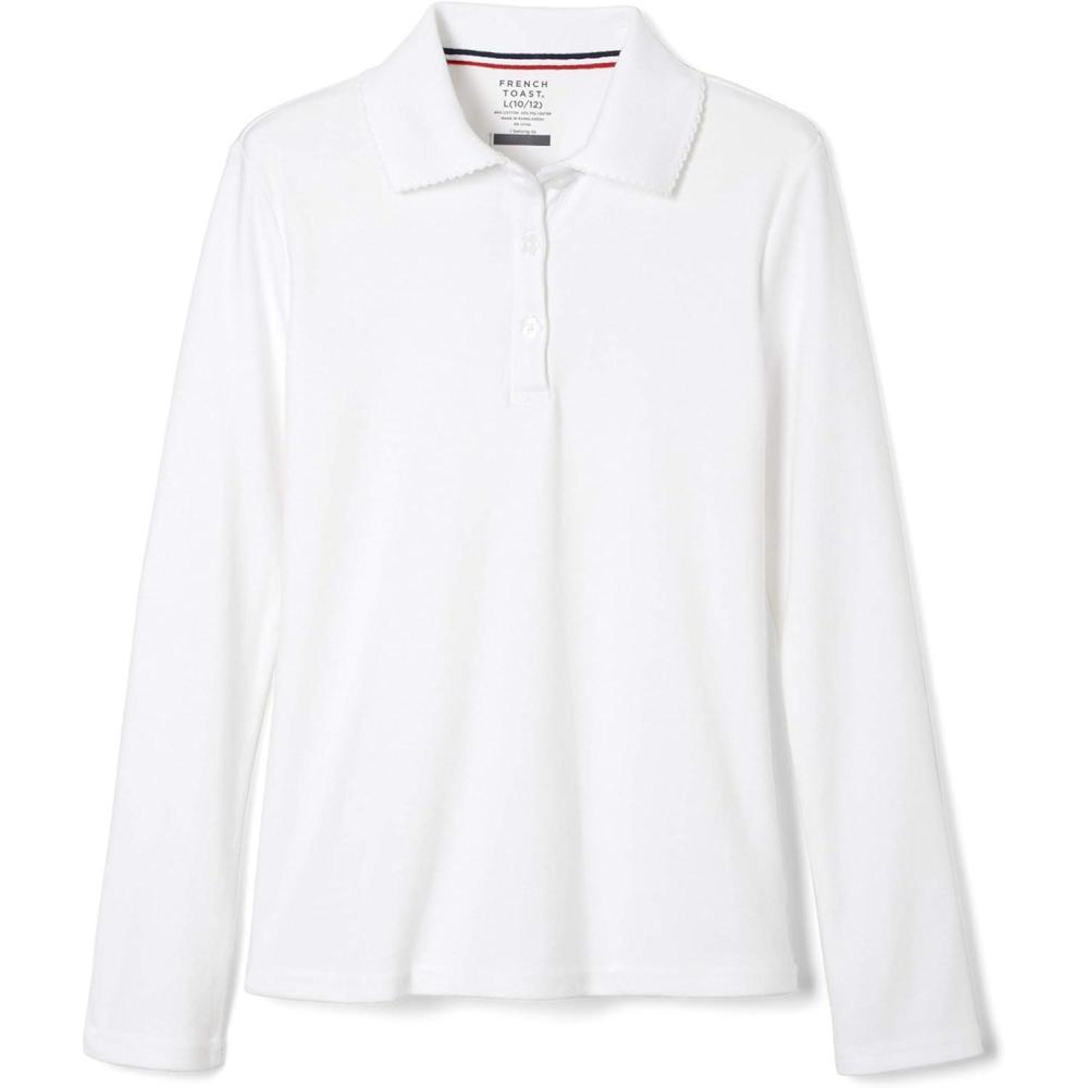 imageFrench Toast Girls Long Sleeve Interlock Polo with Picot Collar Standard ampamp PlusWhite